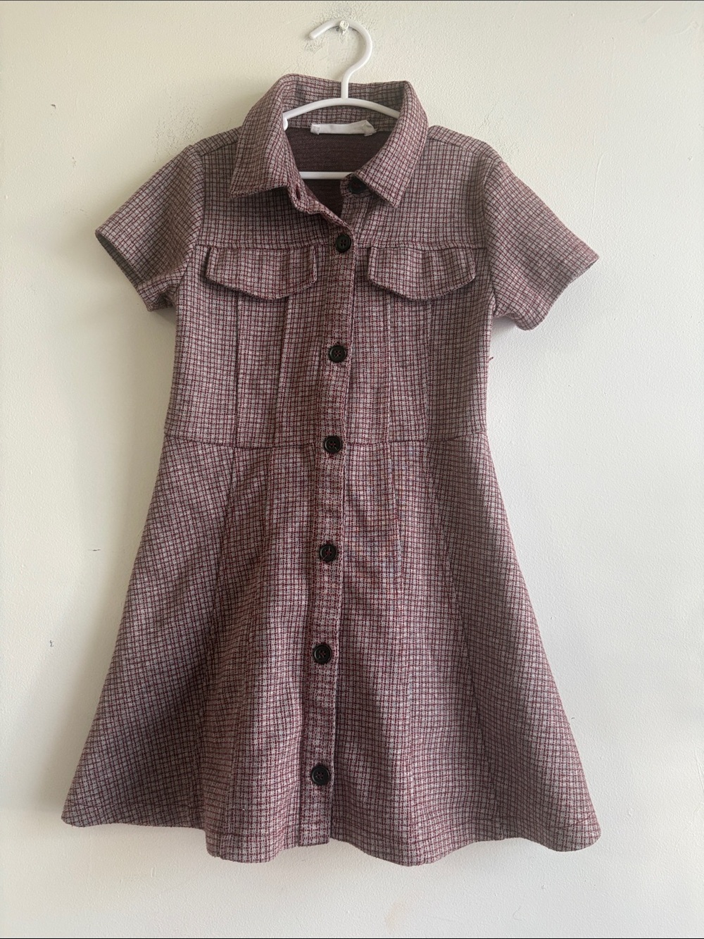 Zara Girls Burgundy Plaid Short-Sleeve Button Dress